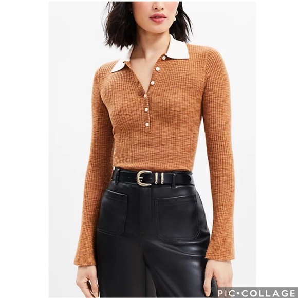 LOFT Sweaters - NWT LOFT Two Tone Bell Sleeve Ribbed Polo Sweater in Cocoa Powder